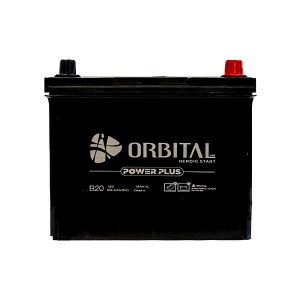 تصویر باتری ۳۵ آمپر اوربیتال سپاهان باتری مدل B20، قطب چپ، بدنه آبی، دارای نشان MF و ابعاد کوچک.