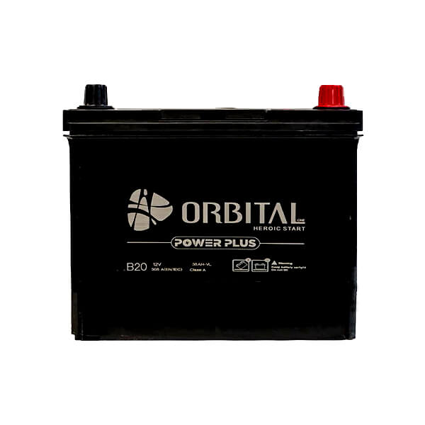 تصویر باتری ۳۵ آمپر اوربیتال سپاهان باتری مدل B20، قطب چپ، بدنه آبی، دارای نشان MF و ابعاد کوچک.