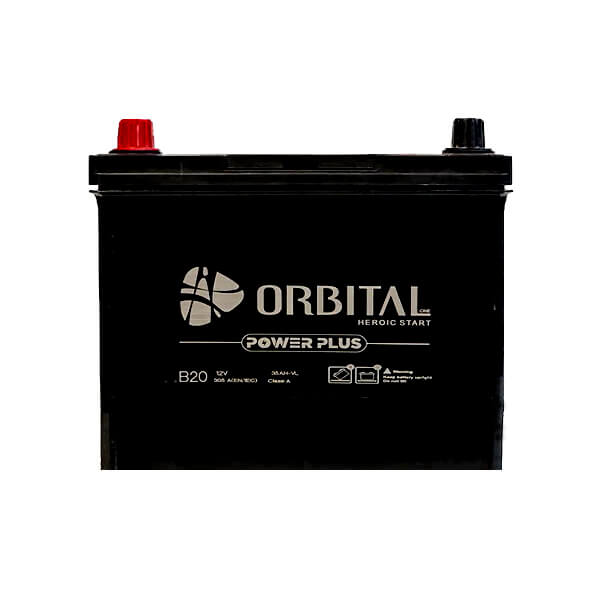 باتری اوربیتال سپاهان ۱۲ ولت ۳۵ آمپر، قطب راست (R) با ترمینال بلند، بدنه مشکی و ابعاد ۲۰۲×۱۲۸×۱۹۷ میلیمتر؛ سیلد و بدون نیاز به نگهداری (MF)