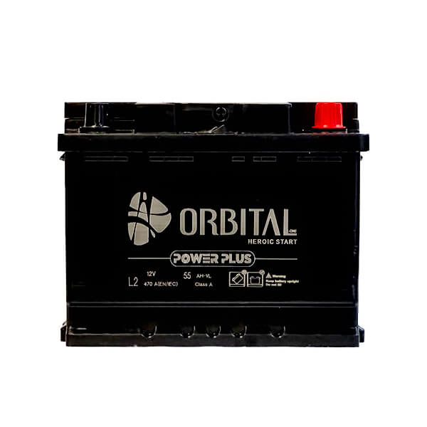 تصویر باتری اوربیتال ۵۵ آمپر ساعت ۱۲ ولت، قالب استاندارد L2 با قطب چپ و ارتفاع قطب کوتاه، تکنولوژی سیلد اسید کلسیمی، گارانتی ۲۰ ماهه سپاهان، وزن حدود ۱۲.۴ کیلوگرم.