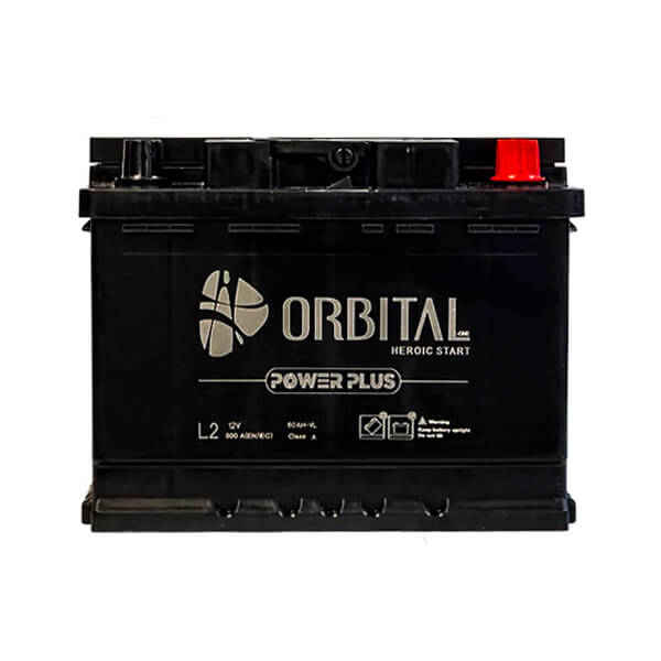 تصویر باتری خودرو ۶۰Ah اوربیتال سپاهان، ۱۲ ولت، قالب L2 (۲۴۲×۱۷۵×۱۹۰ میلیمتر)، قطب چپ با ارتفاع قطب کوتاه، تکنولوژی سیلد اسید کلسیمی (MF).