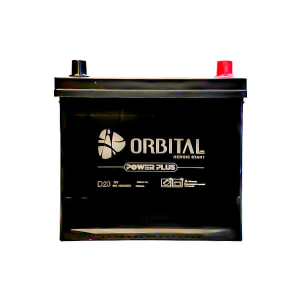 تصویر باتری اوربیتال 60 آمپر قالب D23 با قطب چپ (L)، 12 ولت، تکنولوژی سیلد اسید کلسیمی، ابعاد 202×128×238 میلیمتر و بدنه مشکی با برچسب برند؛ نمای واضح از ترمینالها.