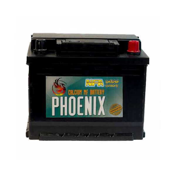 عکس باتری فونیکس ۵۰ آمپر ۱۲ ولت قالب L2 با قطب چپ و ترمینال کوتاه، فناوری سیلد اسید کلسیمی (MF)، بدنه مشکی.