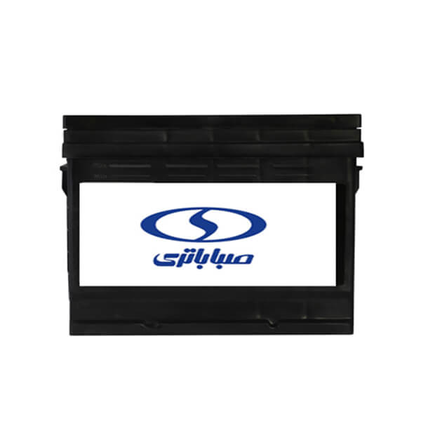 تصویر باتری ۵۰ آمپر صبا باتری، قالب L2، ۱۲ ولت، سیلد اسید کلسیمی، قطب چپ با ارتفاع قطب کوتاه، بدنه مشکی با برچسب مشخصات.