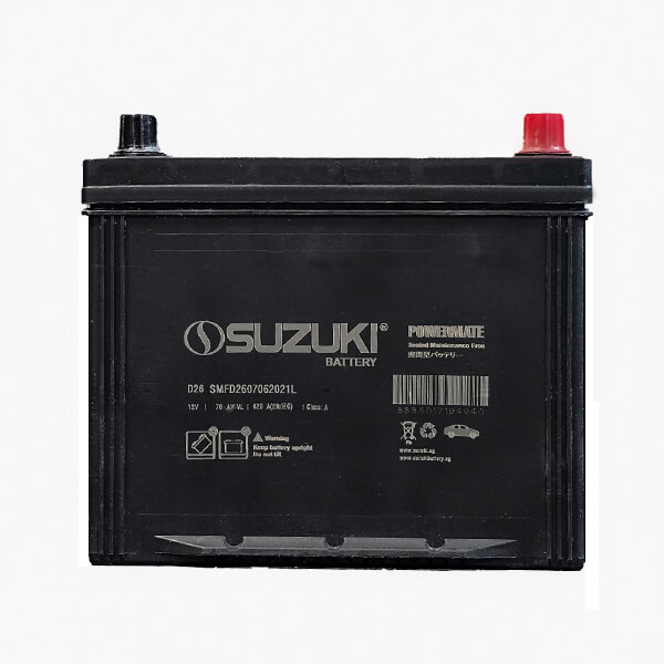 تصویر باتری ۷۰ آمپر سوزوکی قطب موافق (R) قالب D26، محصول سپاهان باتری با طراحی اتمی (سیلد کلسیمی) و لیبل ۳۶ ماه گارانتی روی بدنه.