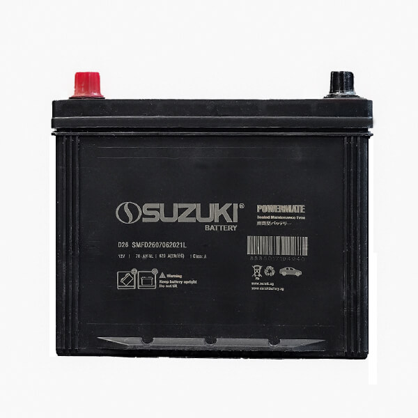 تصویر باتری ۷۰ آمپر سوزوکی مدل L، ساخت سپاهان باتری با قطب چپ و فناوری سیلد اسید کلسیمی. مناسب خودروهای با قالب D26 و ولتاژ ۱۲ ولت.